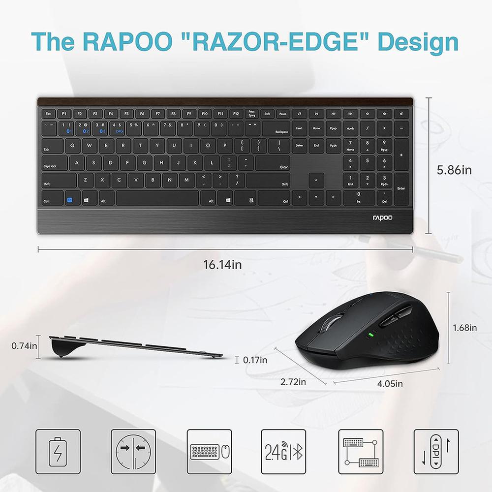 Rapoo 9500M Multi-mode Wireless Ultra-slim Combo Set Zwart OUTLET