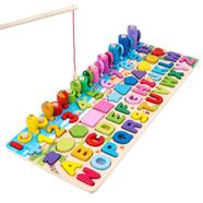 6 in 1 Multifunctional logarithmic Fishing Game Montessori Kids Educational Wooden Puzzle Games Count Numbers Matching Board image