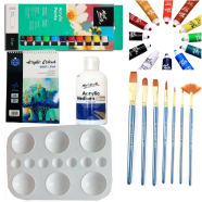 Acrylic Combo Color Set 12 x12, A5 Pad 1 Pcs , Gloss 1 Pcs , 7 Pcs Mix Brush 1 Set, Artists Color Platte 1 Pcs image