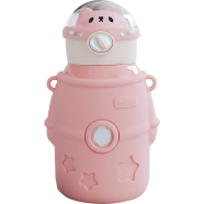 Astronaut Water Bottle With Straw And Stickers Cute Stainless Steel 500 ML Light Pink image