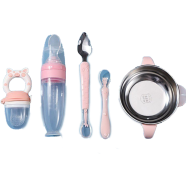 Baby Food Bowl Plus Silicone Rice Spoon Feeder Plus Two Head Spoon Plus Silicone Spoon Plus Fruit Feeder, Full Set of Tools Package - 90 ml image