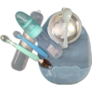 Baby Food Bowl, Two Head Spoon, Slicone Spoon, Full Silicone Bib, Full Set of Tools Package (No Box) image