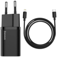 Baseus Super Si Quick Charger 1C 20W CN Sets Black With Superior Series Fast Charging Data Cable Type-C to iP PD 20W 1m -TZCCSUP-A01 image
