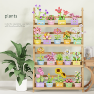 Blocks Potted Fleshy Immortal Flower Bouquet Rose Girl Series Assembled Ornaments Toy Gifts -1 Pcs image