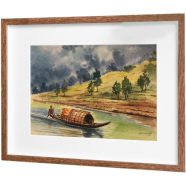Mahmudur Rahman Rial Boat and Hill Watercolor Painting - (16X13)inches
