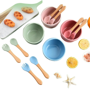 Children's Silicone Bowl With Wooden Handle Fork And Spoon Three-Piece Set Baby Food Bowl Anti-Fall Suction Cup Bowl Baby Tableware Set icon