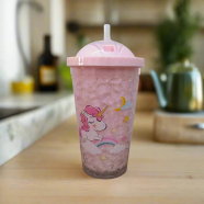 Double-Walled Plastic Cup with Cooling Gel and Straw, Pink Lid image