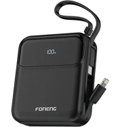 FONENG PX111 10000mAh Mini 22.5W Power Bank with 2 Built-in Cables- Black image