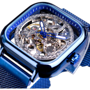 Forsining Men Automatic Watch Square Skeleton Mesh Steel Band Mechanical Business Clock Relogio Masculino Erkek Kol Saati image