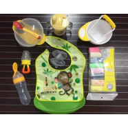 Full Set of 8 Pcs Package Bowl, Mom Pot, Mixing Bowl, Spoon Feeder, Fruit Chusni, Finger Brush, Dining Bib, Towel
