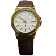 Gold-tone analog watch with a brown leather strap image