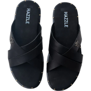 Hazzle Black Premium Leather Sandal Stylish Cross Design image