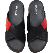 Hazzle Premium Leather Sandal Posh Black And Red Stylish Cross Design image
