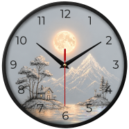 Karana Fashion (KW-50) Premium 12-Inch Decorative Wall Clock - Serene Full Moon, Mountain, and Lakeside Cabin Design image