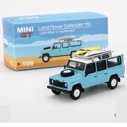 MINI GT 109 – Land Rover Defender 110 Light Blue w/ Surfboard image