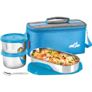 Milton Steel Smart Lunch Box 2 Round 500ml 1 Oval 675ml Spoon Insulated Fabric Bag Blue image