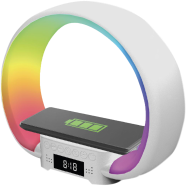 Multi-functional Smart G-Shape Table Lamp with RGB Light Bluetooth Speaker Wireless Charger and Alarm Clock image