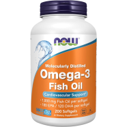 NOW Omega-3 Fish Oil 180 EPA 120 DHA Molecularly Distilled Cardiovascular Support 200 Softgels image