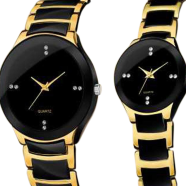 New Collection Stainless Steel Chain Couple Gold and Black Watch With Box - Watch For Women and Man image