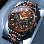 Olevs 3645 Men Watch Original Unique Steel Wood Clock Moonphase Timing Luxury Sports Quartz image