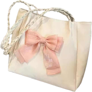 Oversized Bow Accent Faux Suede Shoulder Bag with Braided Straps icon