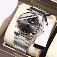 POEDAGAR 930 Business Luminous Analogue Date and Day Dial Stainless Steel Quartz Chain Watch for Man image