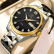 POEDAGAR Luxury Luminous Date Week Men's Stainless Steel Quartz Watch image