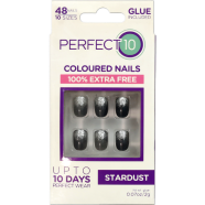 Perfect 10 Stardust False Coloured Nails with Glue - Black and Silver Nails 48pcs image