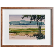 River and Hill Watercolor Painting - (17x14)inches