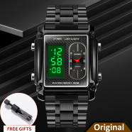 SKMEI 1868 Watch For Men Casual Luminous 3 Time Stopwatch Date Waterproof LED Stainless Steel Strap Fashion Digital Watch image