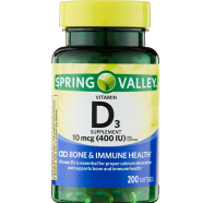 Spring Valley Vitamin D3 Supplement 10 mcg (400 IU) 200 Softgels image