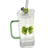 Square Mug With Lids and Straws With Bow Water Cup Household Cup Female Milk Coffee Cups With Green Handle Gift 350 ml image