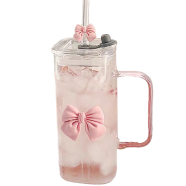 Square Mug With Lids and Straws With Bow Water Cup Household Cup Female Milk Coffee Cups With Pink Handle Gift 350 ml image