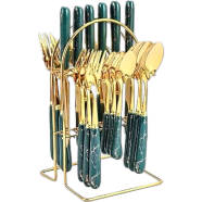 Stainless Steel Gold-Plated Marble Handles Tea Spoon and Fork Spoon Set with Stand Full set 24 pc image