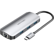 VENTION TOHHB USB-C To HDMI/USB 3.0x3/RJ45/PD Docking Station 0.15M Gray Aluminum Alloy Type image