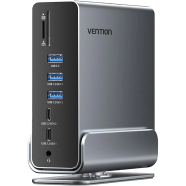 VENTION TPUH0 USB-C To DP/HDMI x 2/USB 3.2 Gen 2 Type-C/USB 3.2 Gen 2 Type-A x 2/USB 3.2 Gen 1 Type- C/USB 3.0/USB 2.0 x 2/RJ45/SD/TF/3.5mm TRRS/PD MST Docking Station Gray Vertical Aluminum Alloy Type image