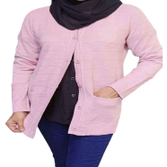 Women Woolen Round Neck Cardigan Sweater for Winter Wear - Pink image