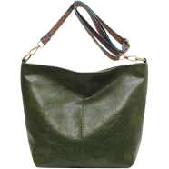 Women's Textured Leather Shoulder Bag with Patterned Strap - Green image