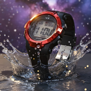 Ys Digital Sports Watch With A Red Bezel And A Black BandYs Digital Sports Watch With A Red Bezel And A Black Band image