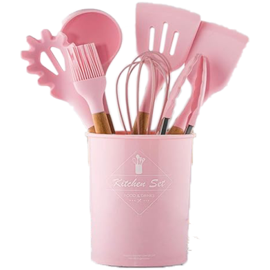 12 Pcs Silicone Cooking Utensils Set Non-Stick Spatula Shovel Wooden Handle Cooking Tools Set image