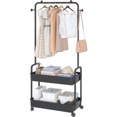 2-in-1 Garment Rack – 2-Tier Rolling Storage Cart with Wheels, Black image