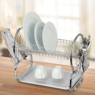 2 Layer Plate Storage Stand Rack - Silver - Kitchen Rack image