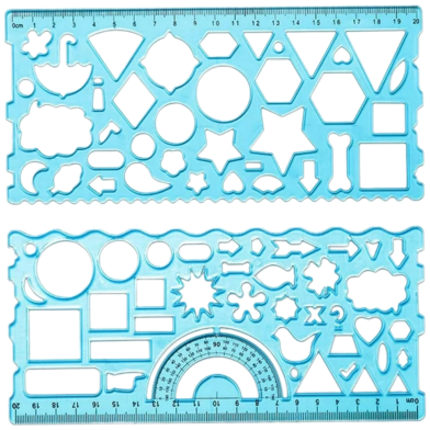 2 Pcs Multifunctional Geometric Ruler, Plastic Drawing Ruler, Transparent Multipurpose Drawing Kids Drawing Template Measuring Tool Design Ruler for Office Art Studio School image