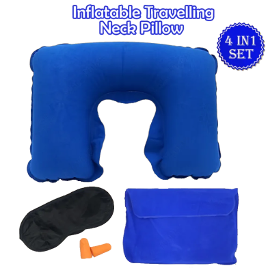 4 In 1 Inflatable Travelling Pillow Set With Eye Mask, Ear Plugs And Pouches (travelling_pillow_1_blue) Blue image