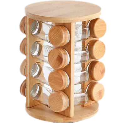 4-Layer 16Jar Circular Bamboo Seasoning Rack Rotating Base Wooden Lid Spice Bottle Bamboo Rack Kitchen Restaurant Spice Rack image