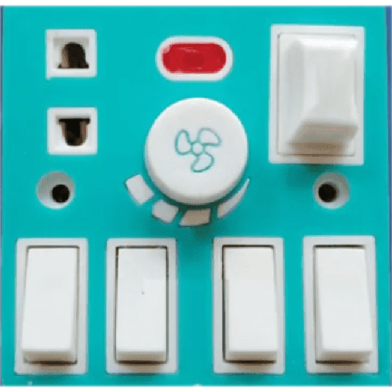 5 In 1 AC 250V 6A Combine Gang Switch With Fan Dimmer Regulator 2 Pin Socket LED Indicator and Fuse Multicolor Combine Wall Gang All In One- Blue Color image