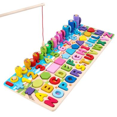6 in 1 Multifunctional logarithmic Fishing Game Montessori Kids Educational Wooden Puzzle Games Count Numbers Matching Board image