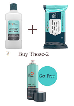 Buy 1 Dr. Rhazes Veg and Fruit Wash (500 ml) 1 Dr. Rhazes Antibacterial and Virucidal Wipes and get 1 Germ Kill Spray Foam (250ml) FREE image