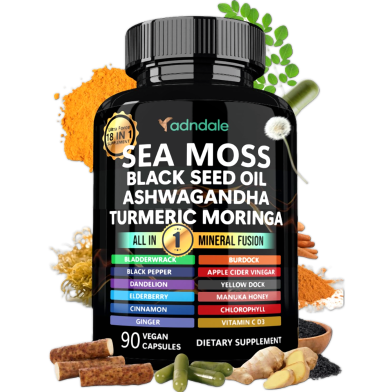 ADNDALE Sea Moss Black Seed Oil Ashwagandha Turmeric Moringa 90 Capsules image