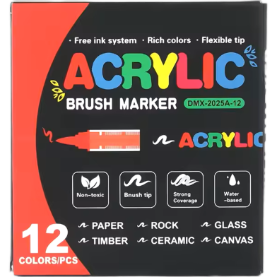 Acrylic Soft Brush Marker Set – Liquid Ink Paint Pens for Glass, Wood, Stone-12 Pcs image